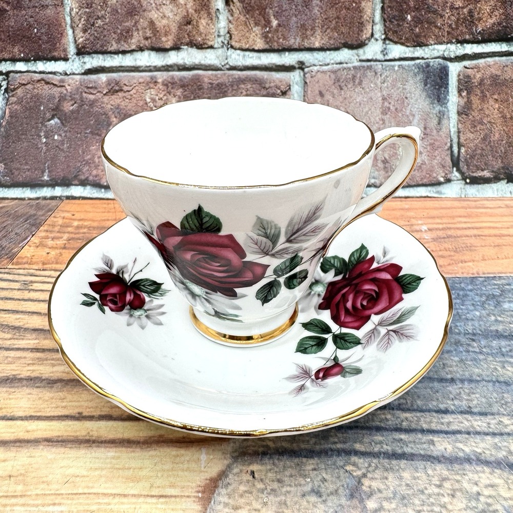 Delphine Tea Cup Saucer Set Red Roses 1930s England Vintage Art Deco Grandmacore